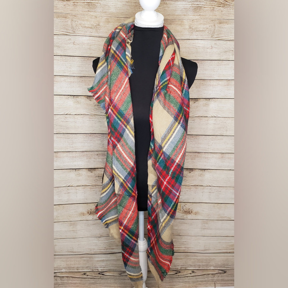 Red Tan Plaid Triangle Blanket Scarf Shawl Wrap - Picture 4 of 4